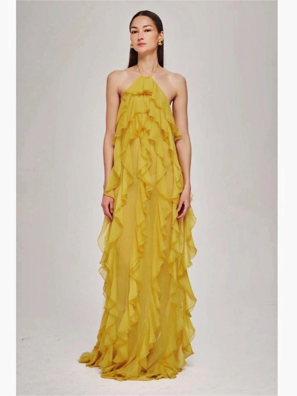 Ronny Kobo Yellow Ruffle Halter Maxi Dress Like New